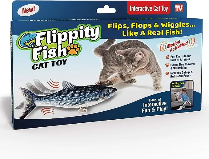 Ontel Flippity Fish Interactive Cat Toy with Catnip & Fishing Pole - Touch Activated, Rechargeable Pet Toy to Help Reduce Stress & Bad Behavior - As Seen on TV