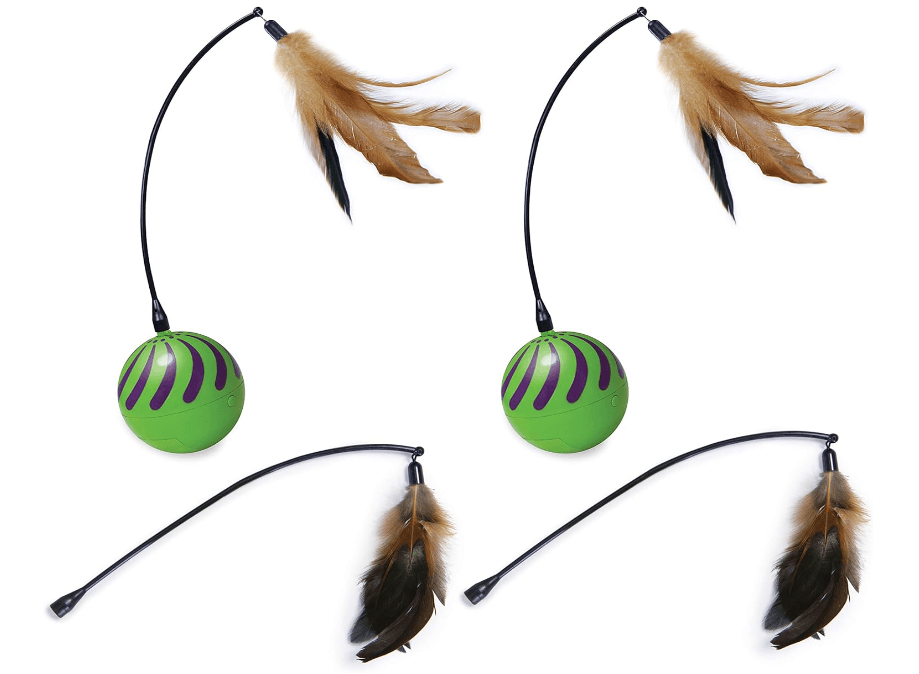 SmartKat (2 Count) Feather Whirl Electronic Motion Wand Cat Toys, Includes (2) Extra Wands, Battery Powered - Green, 2 Count