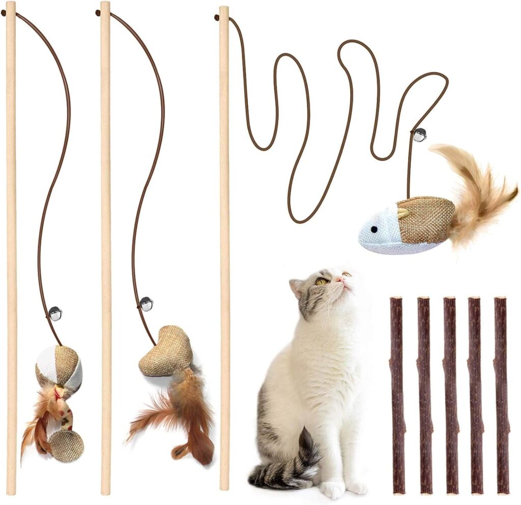 3 PCS Cat Wand Toys, 16 Inch Natural Wooden Cat Teaser Wand Toys with 5 PCS Silvervine Sticks for Cat, Interactive Cat Feather Wand Toy for Indoor Cats