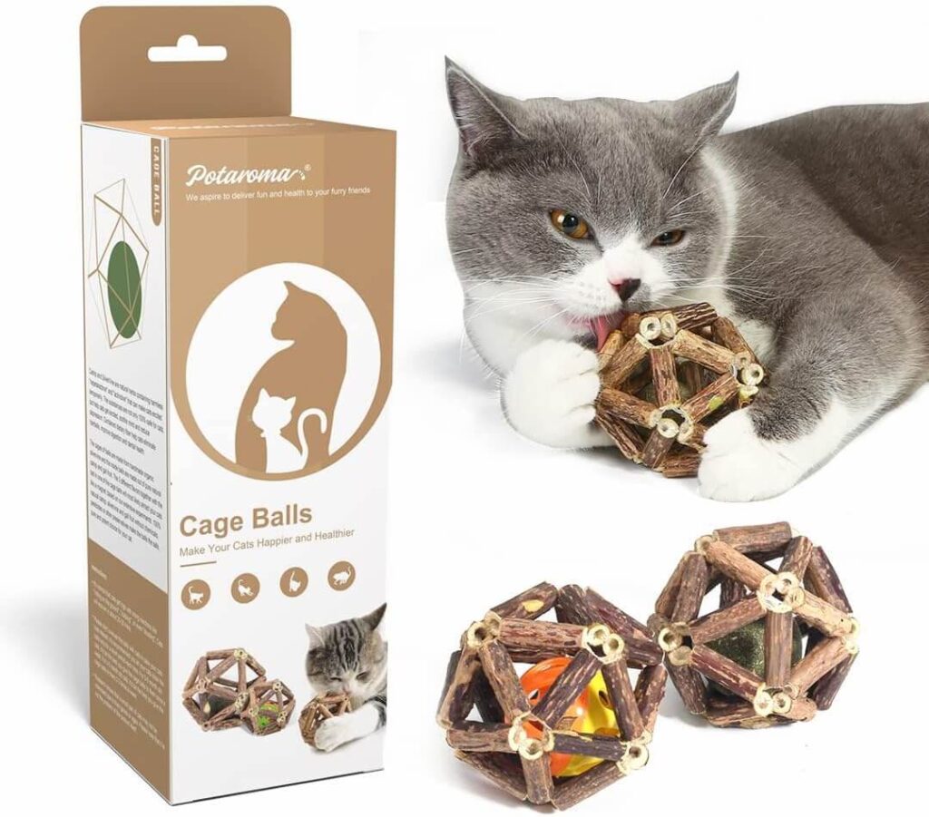 Potaroma Catnip Toys, 3Pcs Cat Toys Natural Silvervine Stick Cage Balls & Bell Ball for Indoor Cats