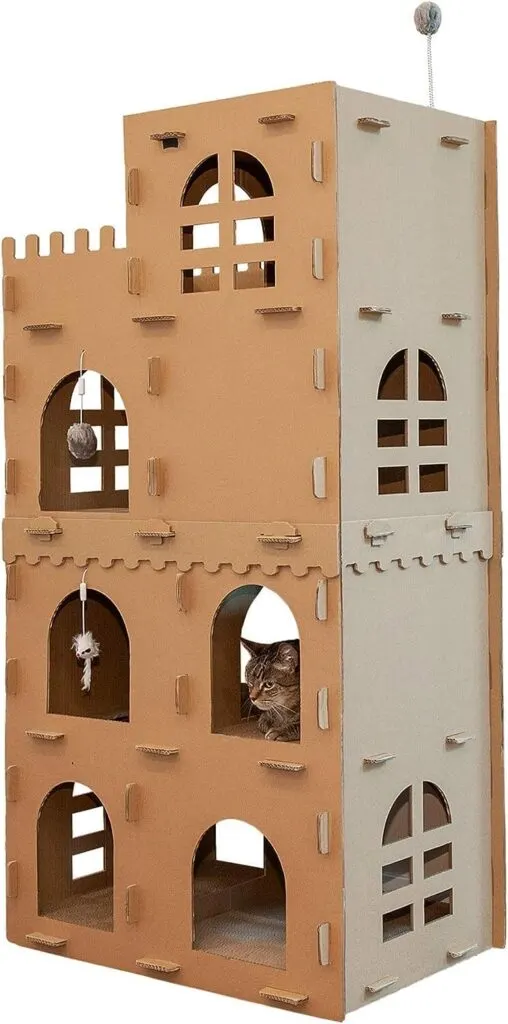 Furhaven Multi-Level Cardboard Cat Condo w/ Catnip for Indoor Cats, Ft. Scratching Pads & Toys - High Castle Tower Corrugated Cat Scratcher Hideout