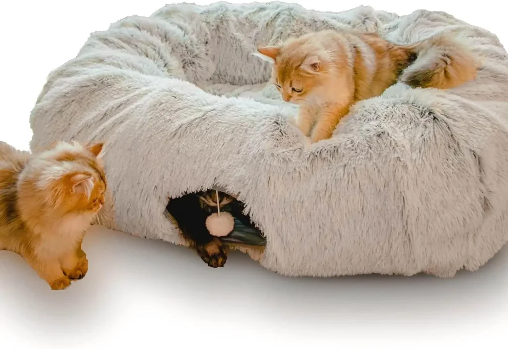 XxingSheep Extra Large Cat Tunnel Bed for Indoor Cats Peekaboo Cat Cave Donut with Center Mat