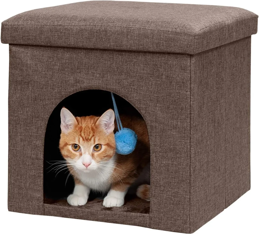 Furhaven Pet House for Indoor Cats & Small Dogs, Collapsible & Foldable w/ Plush Ball Toy - Living Room Footstool Cat Condo - Coconut Brown, Small