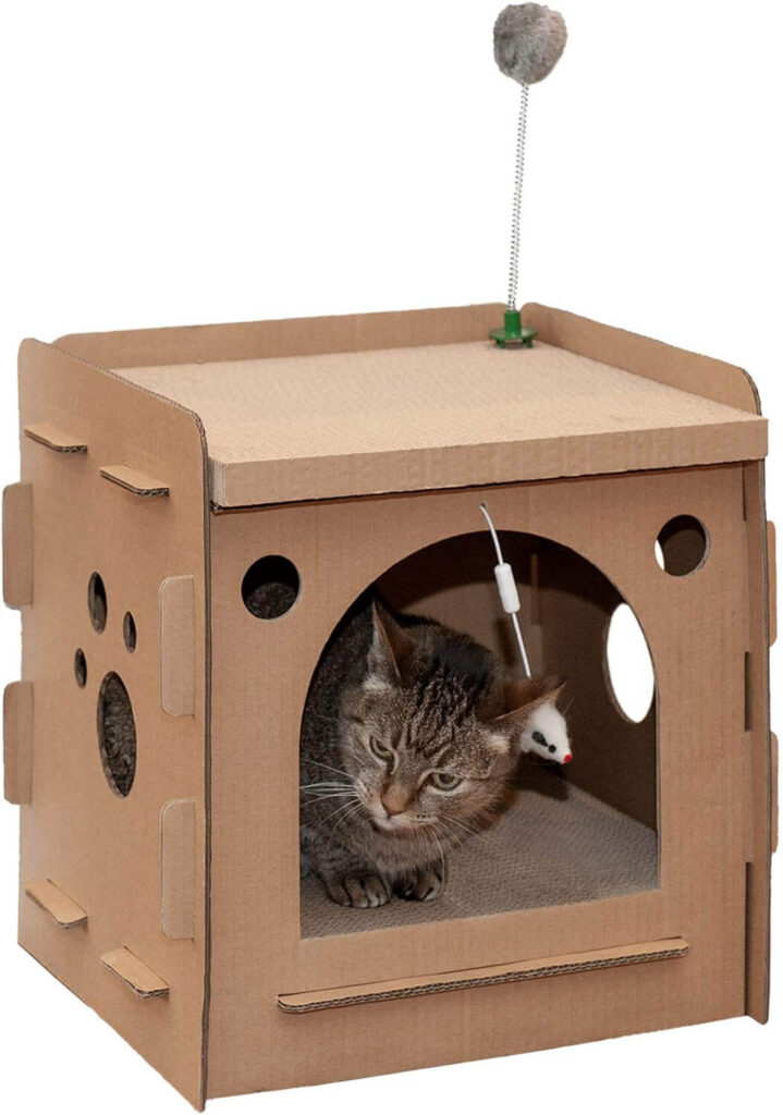 Furhaven Cardboard Cat House w/ Catnip for Indoor Cats, Ft. Scratching Pads & Toys - Modern Condo Corrugated Cat Scratcher Hideout - Cardboard Brown, One Size