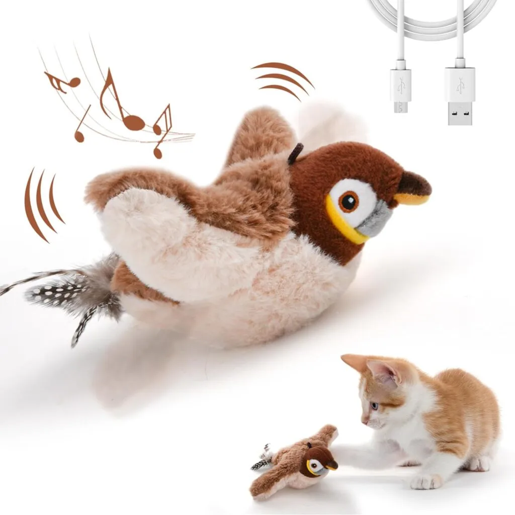 Interactive Cat Toys, Rechargeable Chirping Flapping Bird(no Flying) with Catnip for Indoor Cats, Touch Activated, Plush Kitten Exercise Toys (Brown Sparrow)