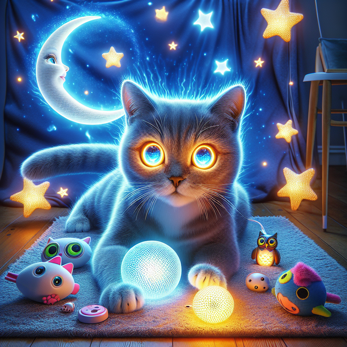 A playful black cat with glowing eyes pouncing on a star-shaped toy in a dimly lit room.