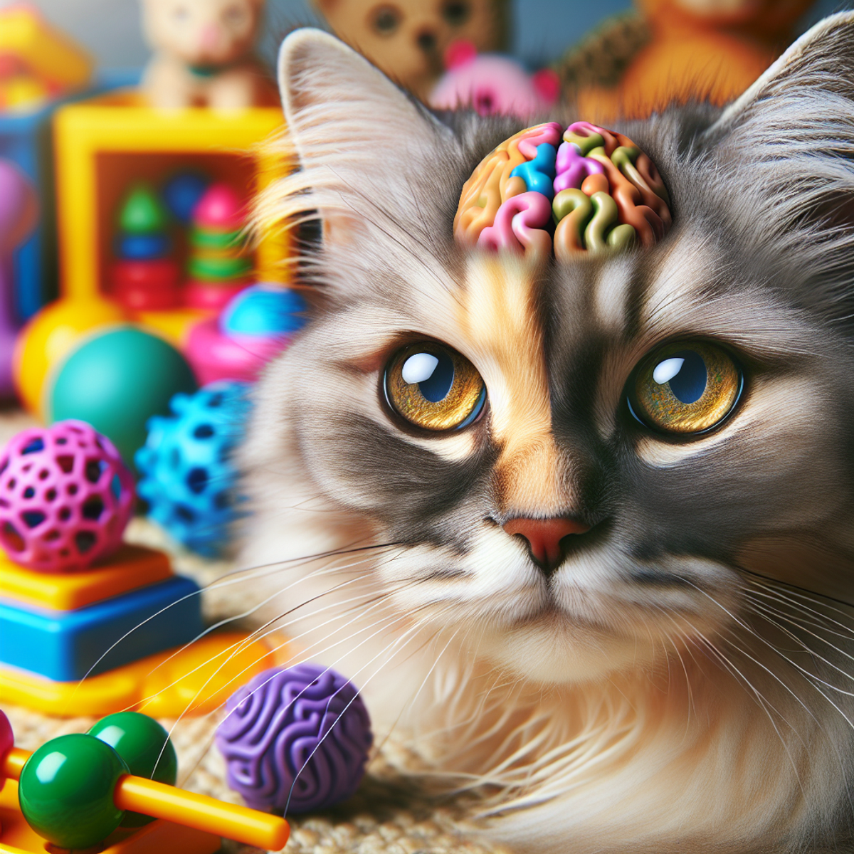 A senior cat surrounded by colorful toys and puzzle games, its wise expression and bright eyes gleaming with intelligence.