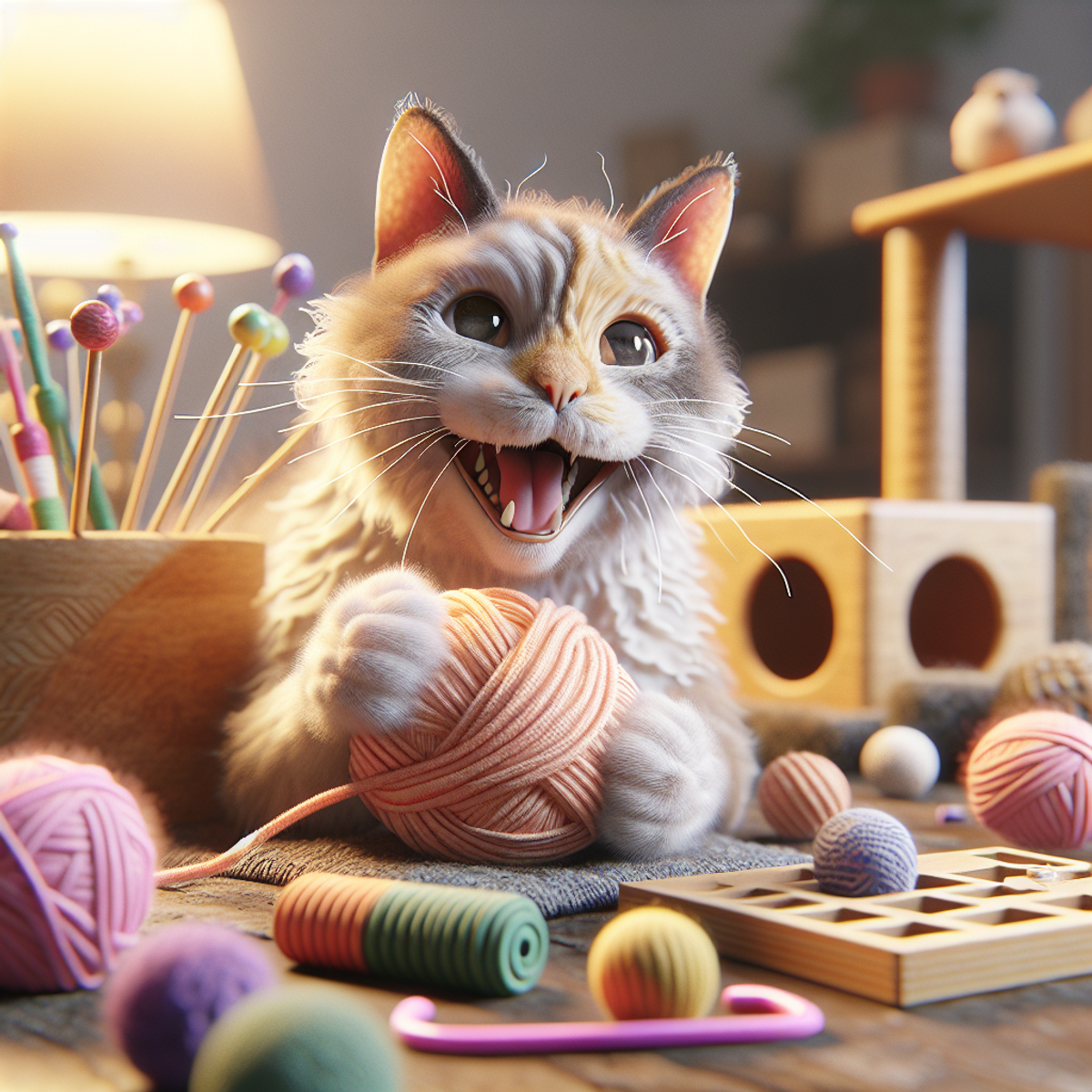 An elderly cat happily playing with a knitted yarn ball surrounded by homemade toys, including a mental stimulation puzzle toy.