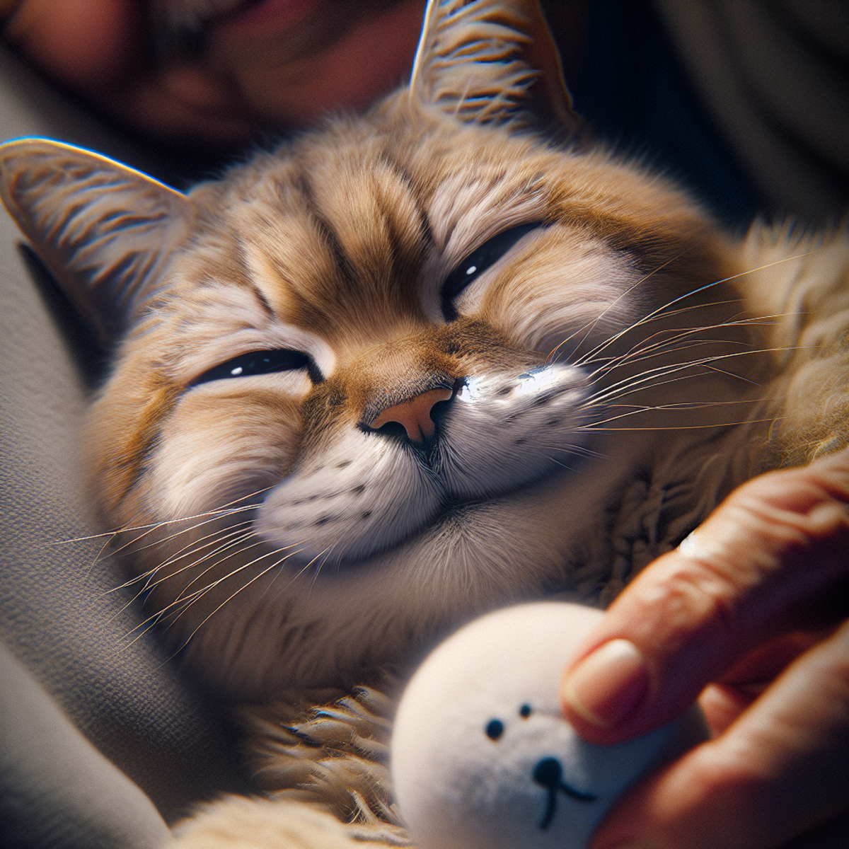 An elderly cat with a serene expression playing with a soft toy.