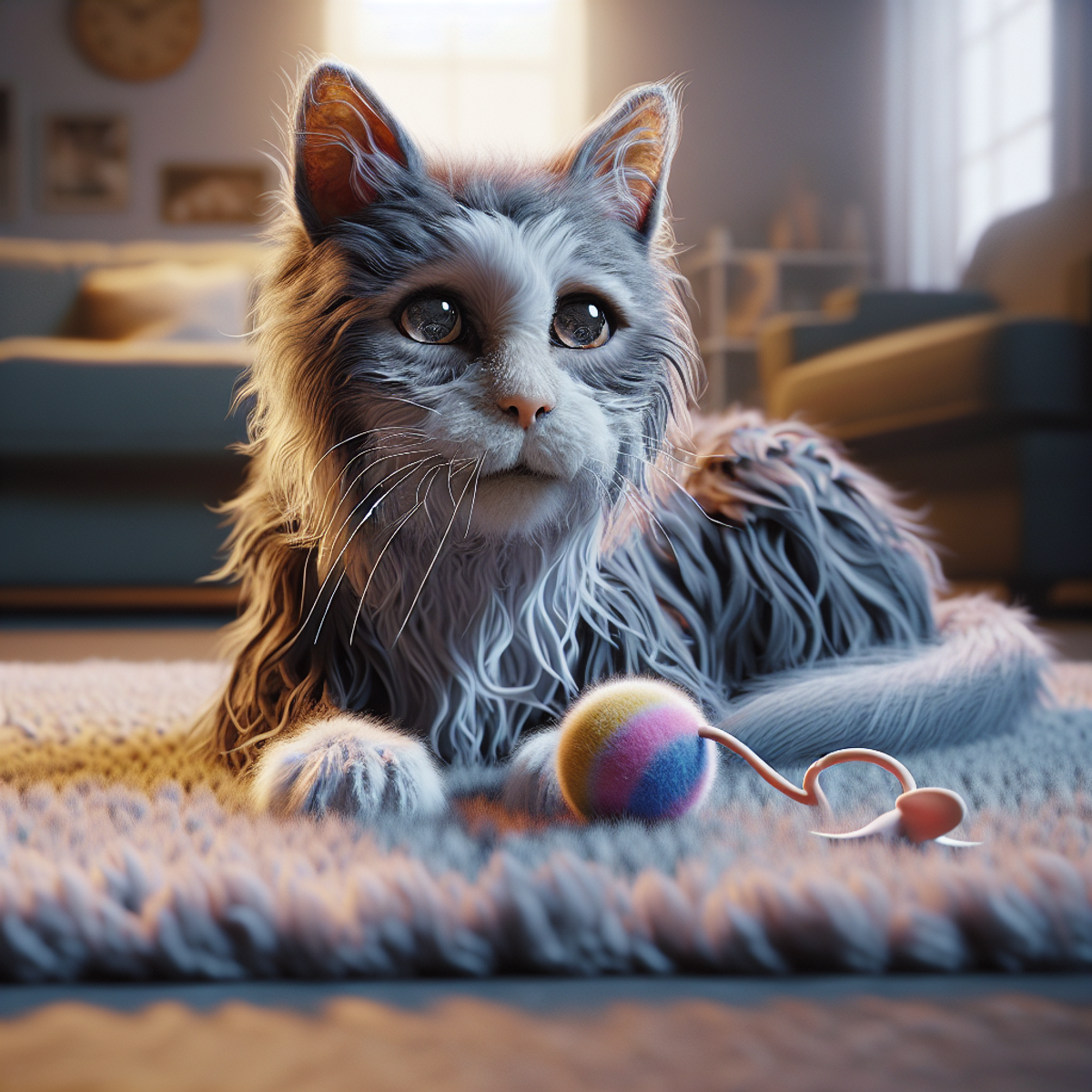 An elderly cat with grey and white fur playfully swatting at a colorful ball with feathers, eyes sparkling with joy.