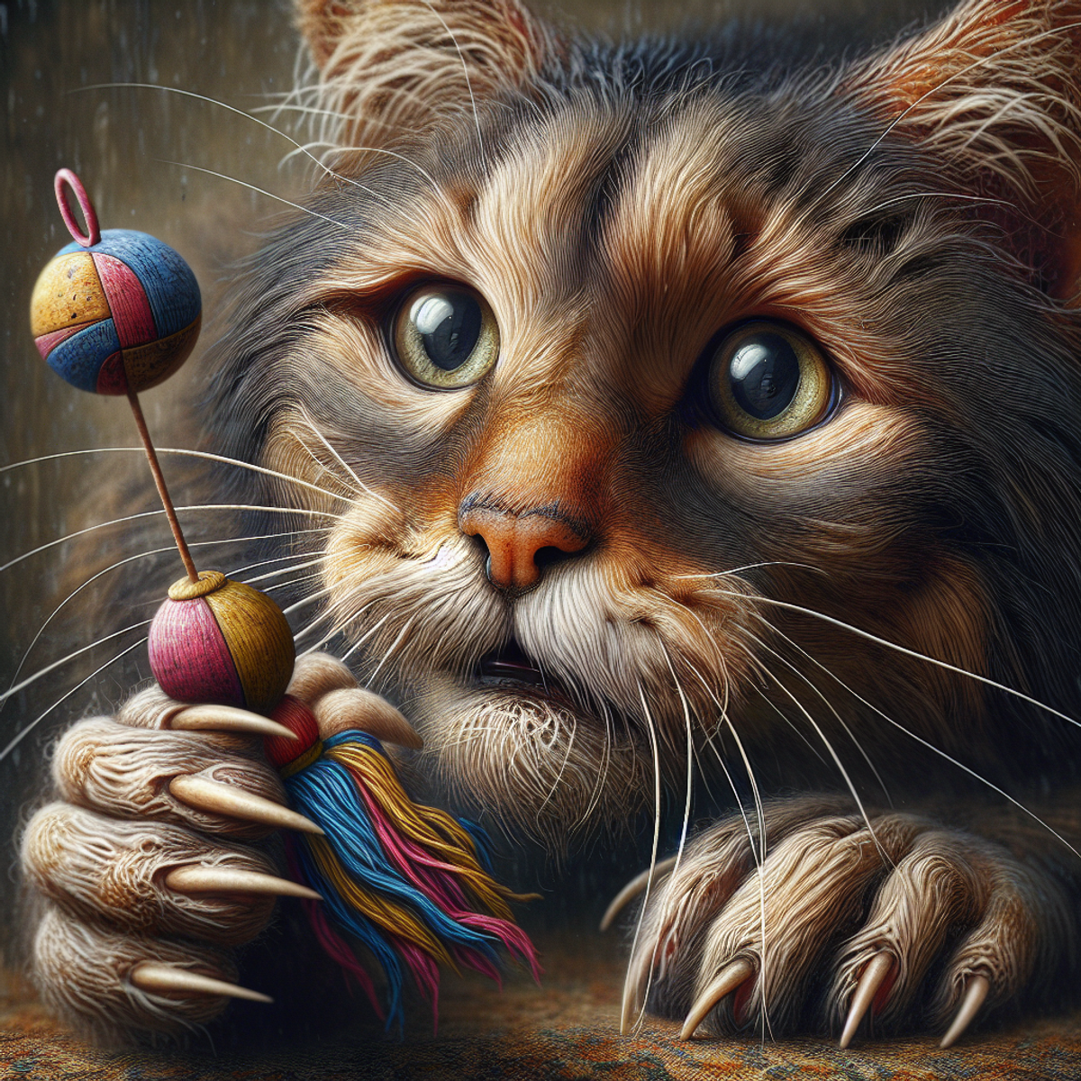 An old cat with wide eyes playing with a colorful toy.