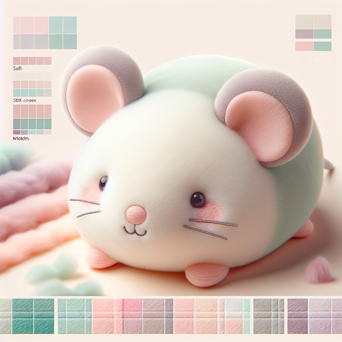 Fluffy toy mouse with pastel colors and gentle smile