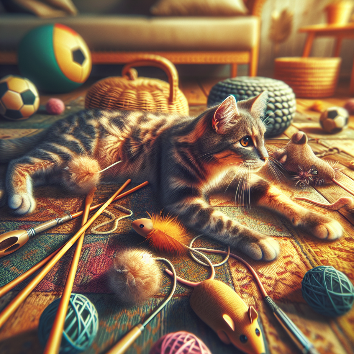 A playful tabby cat surrounded by feather wands, balls, and plush mice in a cozy, warm environment.