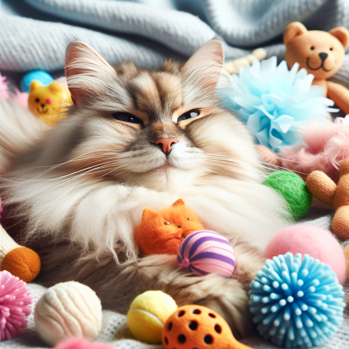 A senior cat surrounded by colorful, soft toys, looking content and relaxed.