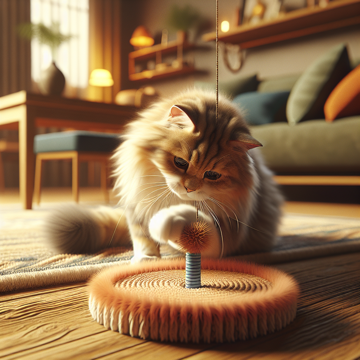A senior cat with fluffy fur playing with a specially designed toy in a cozy home setting.