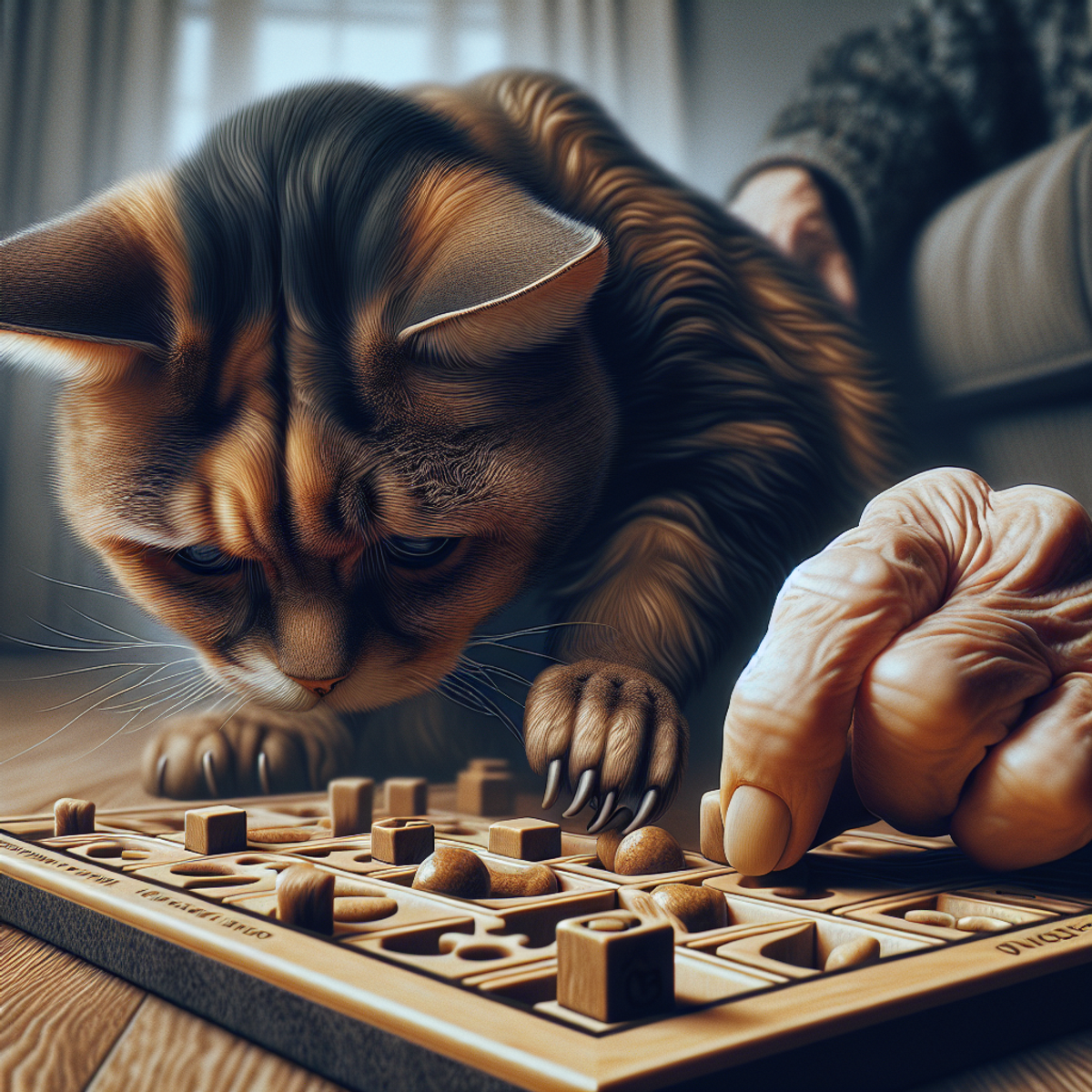 An elder cat deeply focused on a puzzle toy, using its paws to retrieve a hidden treat.