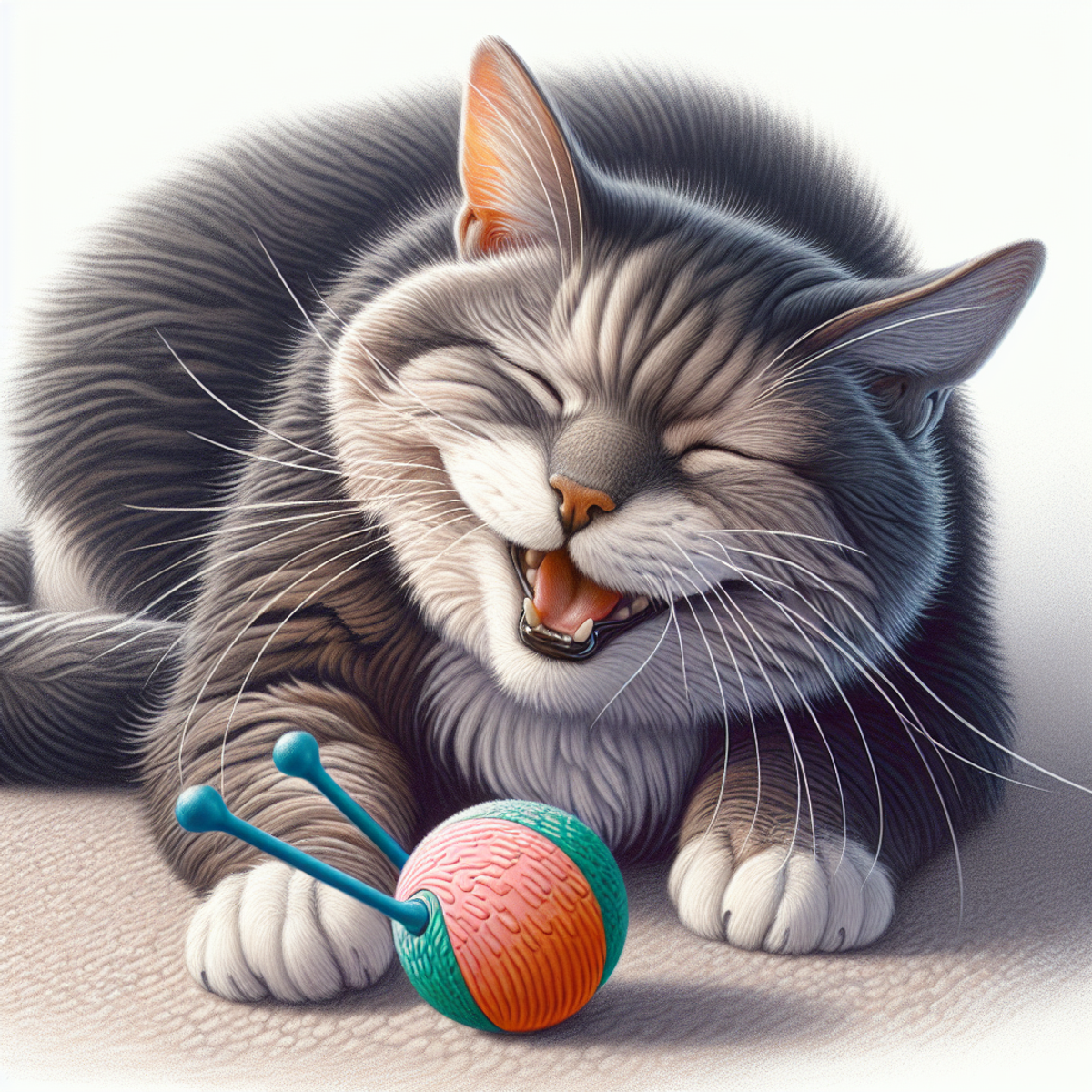 An elderly cat happily playing with a senior cat toy.