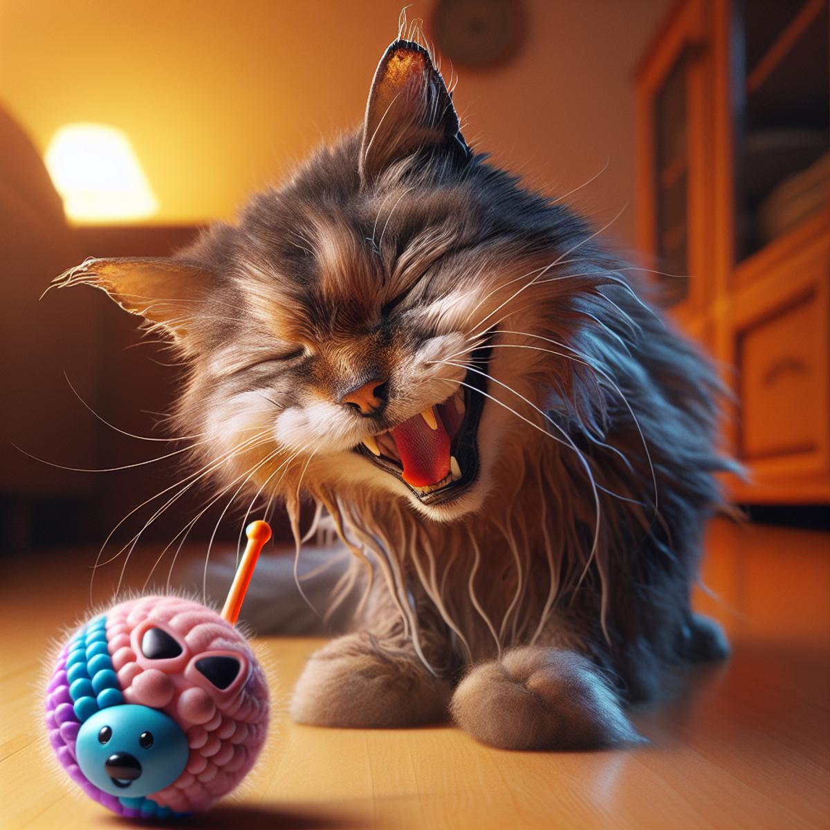 An elderly cat happily playing with a senior-friendly toy.