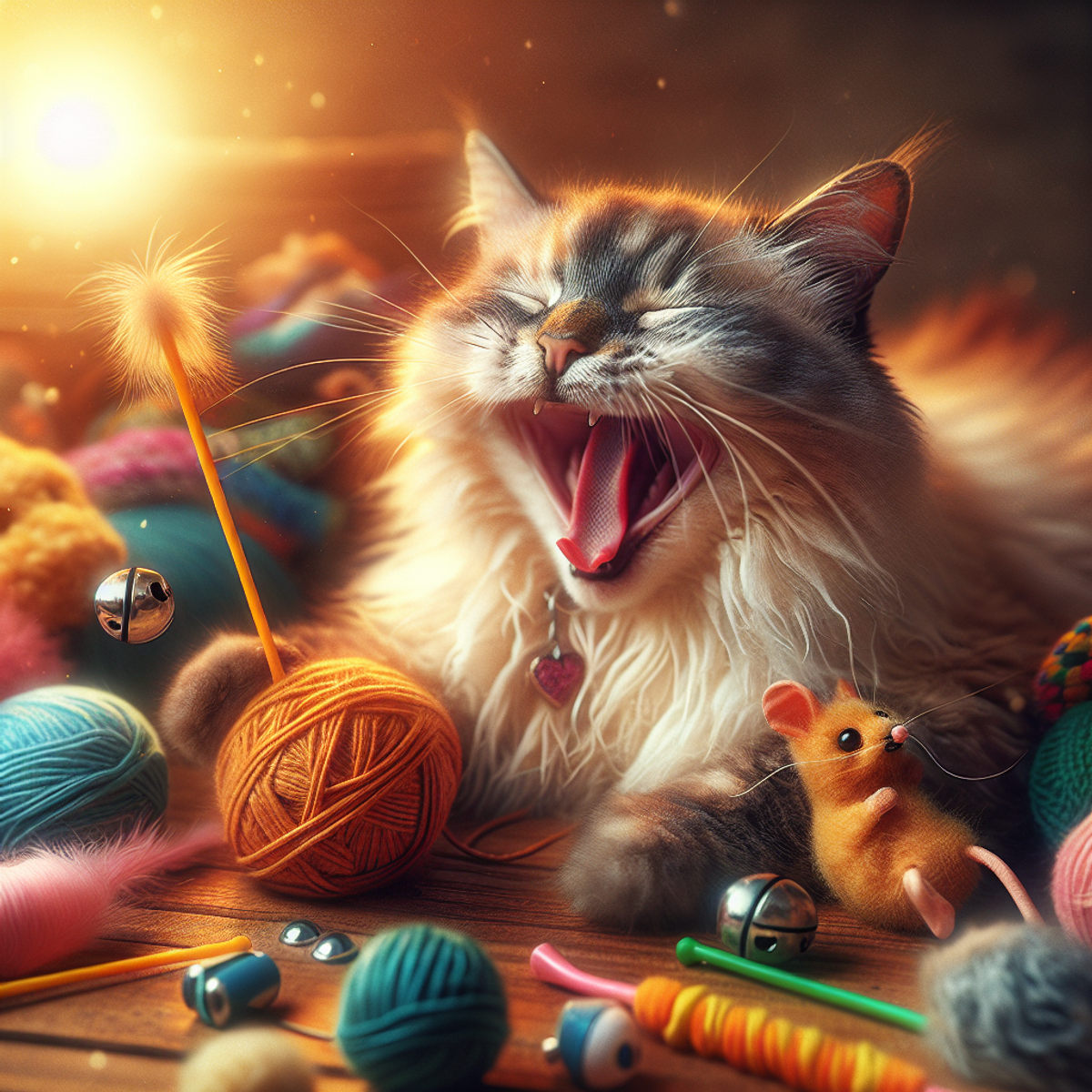 An elderly cat playing with a ball of yarn, a feathery wand tease stick, and a bell-filled mouse.