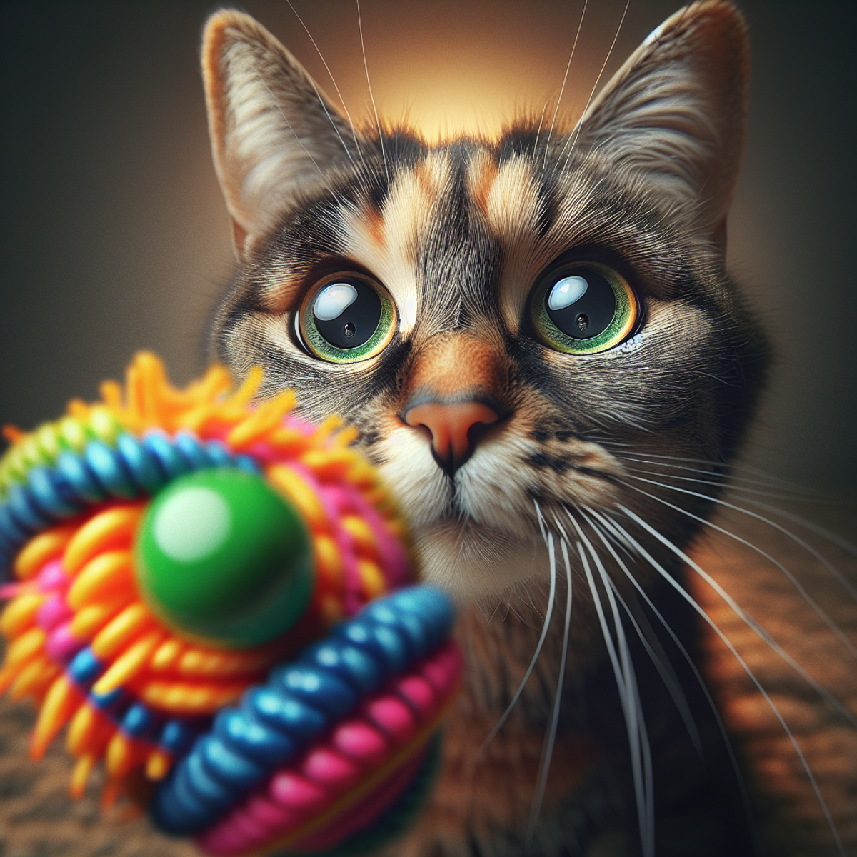 An elderly cat with bright eyes and perked ears playing with a colorful toy.