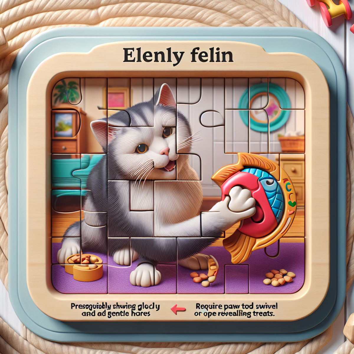 An elderly cat with grey fur playing with a fish-shaped puzzle toy in a cozy home environment.