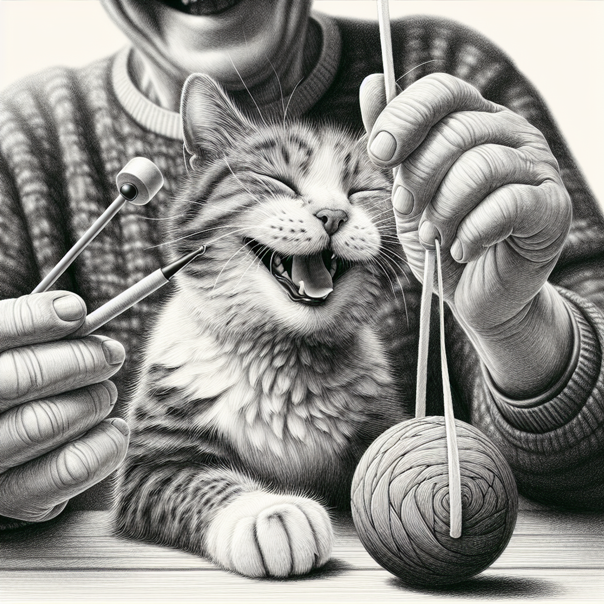An elderly gray and white cat happily swats at a hanging string toy, with its eyes bright and tail flicking in excitement.
