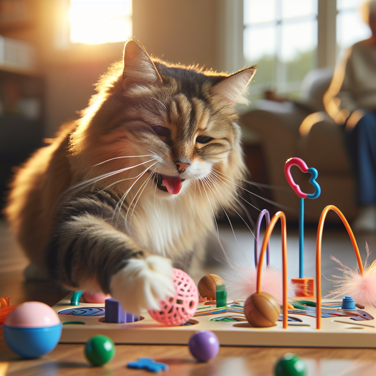 An elderly tabby cat plays with a feather wand toy in a sunlit room, surrounded by various interactive toys like ball tracks and treat-dispensing puzz