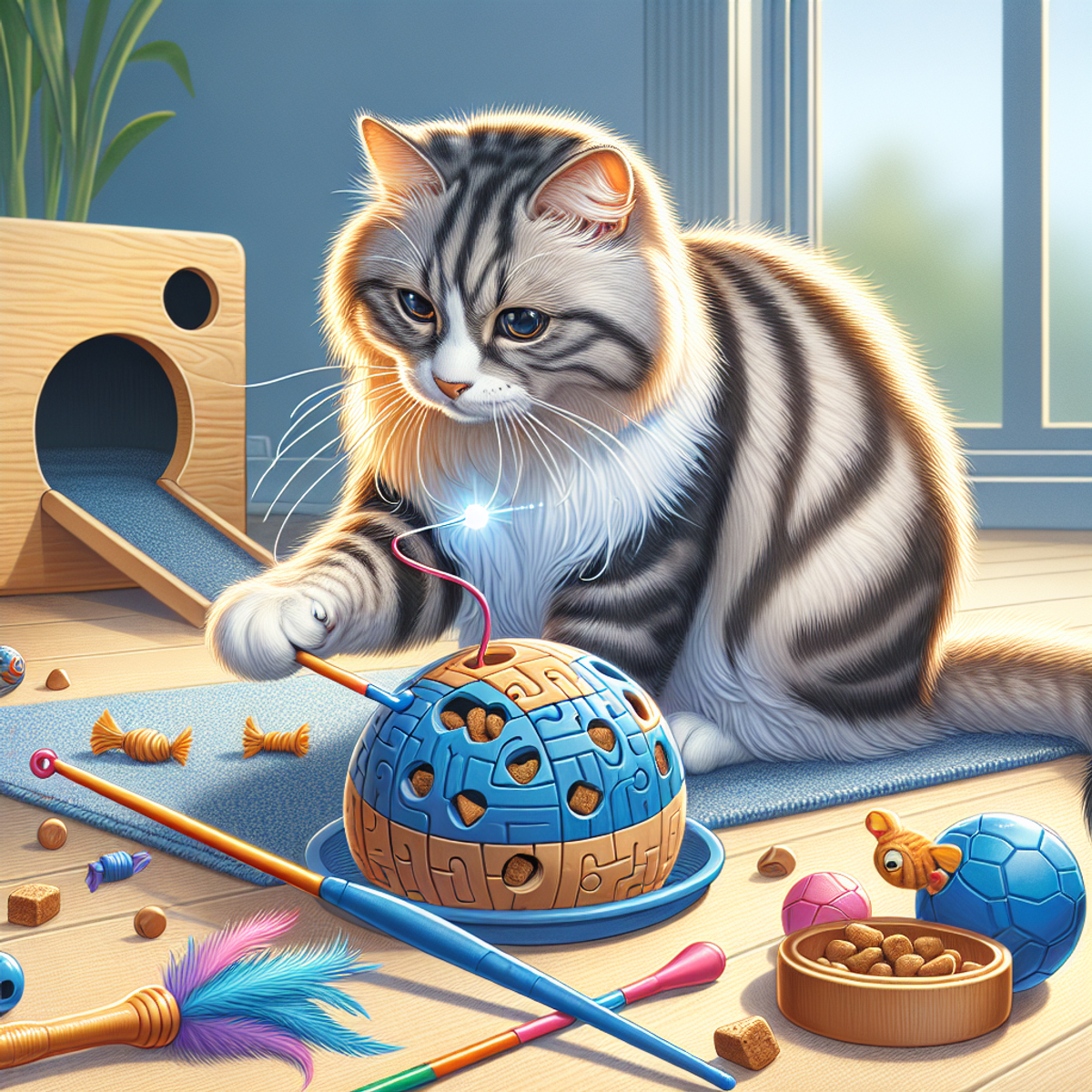 An old cat playing with a puzzle ball, feather wand, and laser pointer.