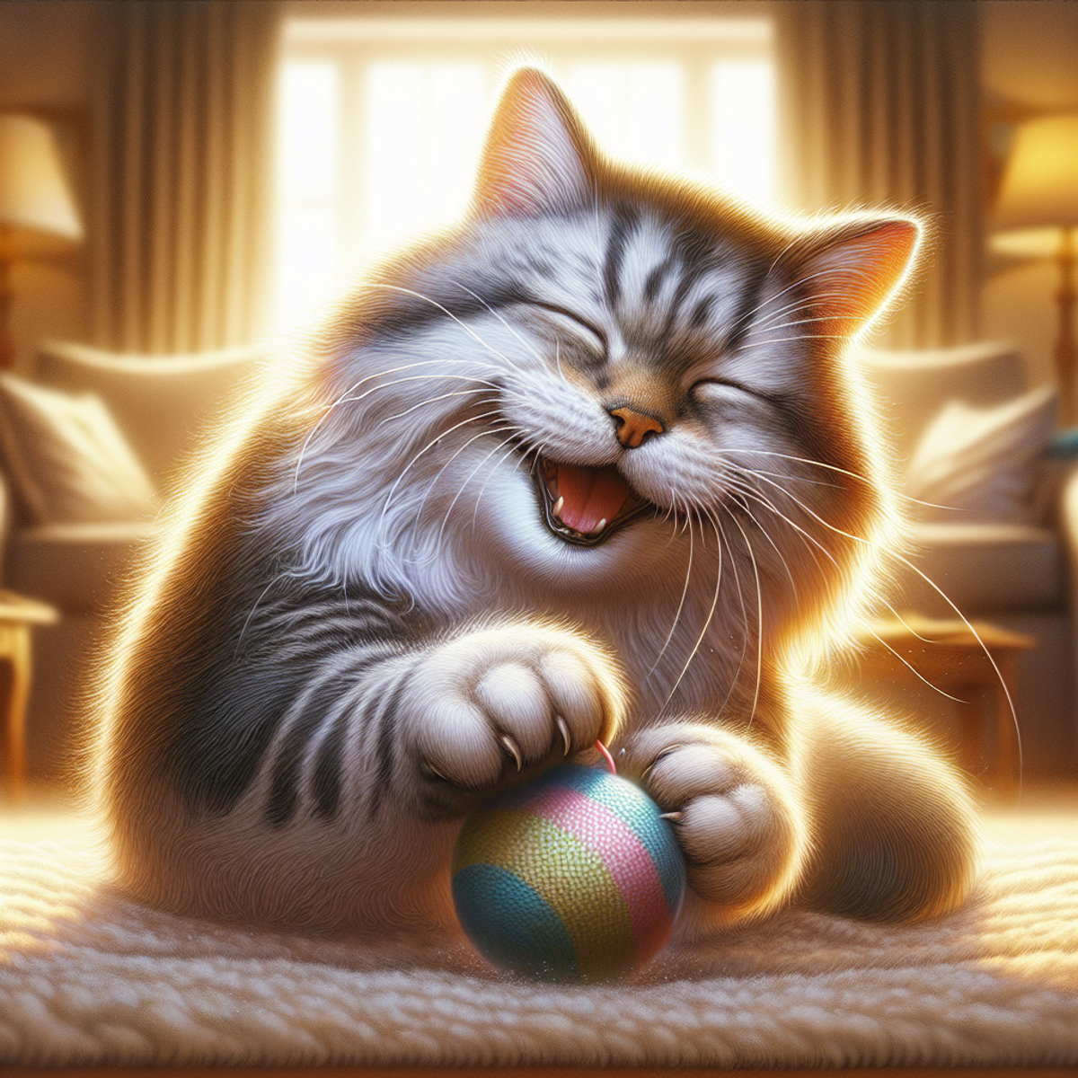 Elderly grey and white cat playing with a jingle ball toy in a cozy living room.