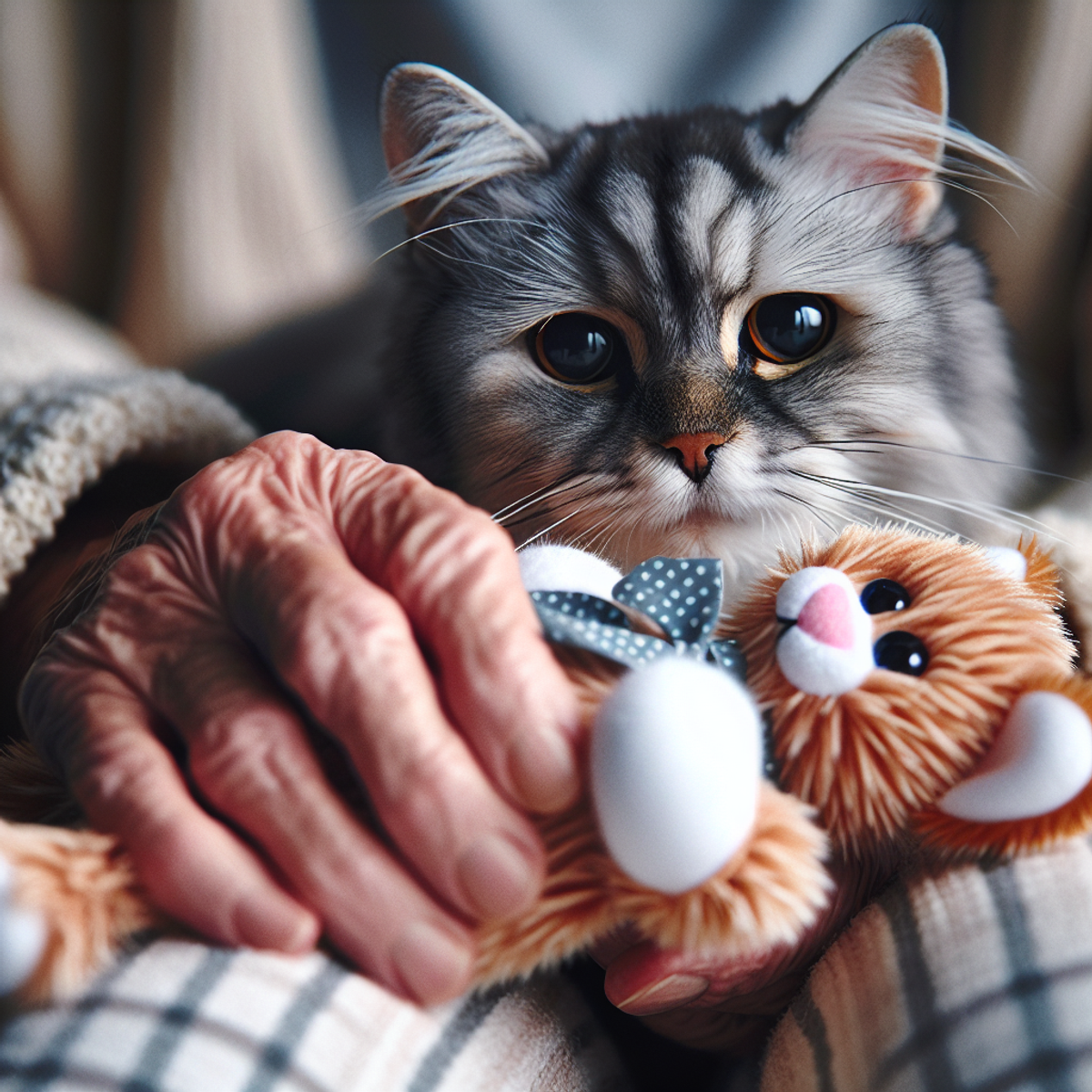 Senior cat playing with a plush toy.