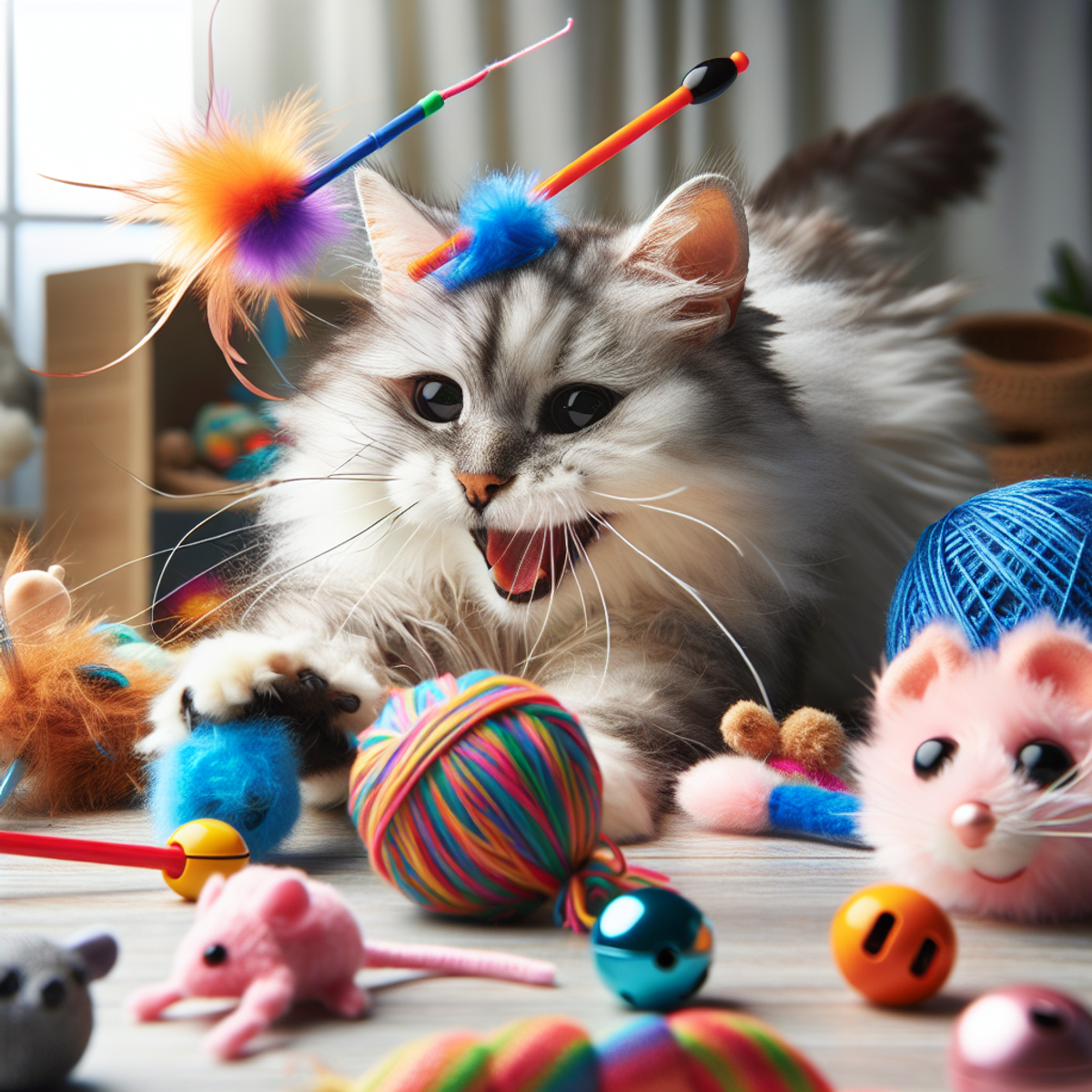 Senior cat playing with colorful toys.