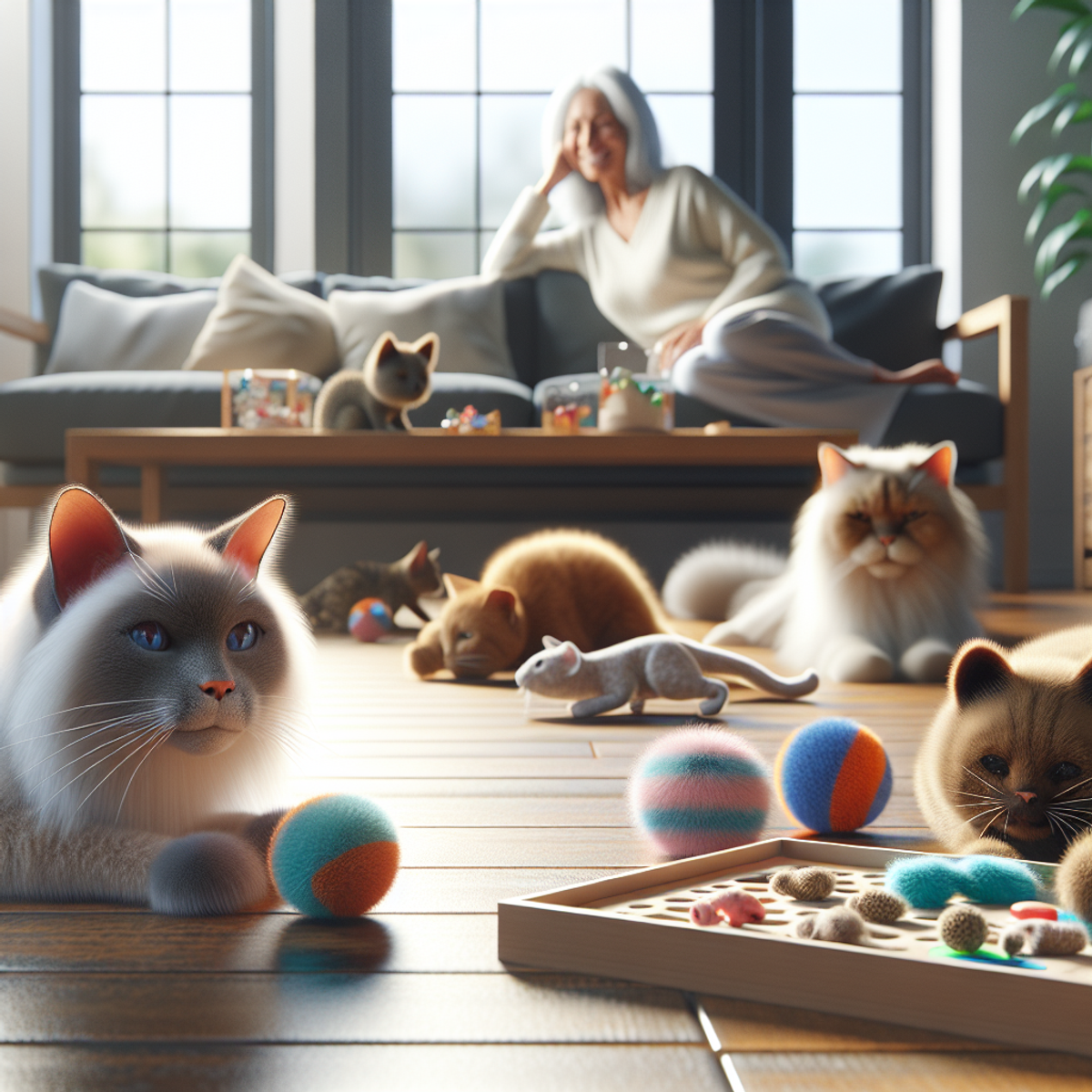 Two older cats, a Siamese and a Persian, play with soft fleece balls and catnip infused plush mice in a tranquil indoor setting. A middle-aged Hispani